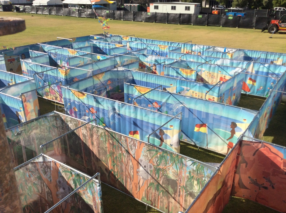 Interclamp tube clamp fittings used to construct a festive maze for Australia Day celebrations, creating a sturdy and engaging path for visitors.